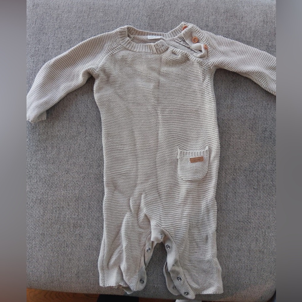 Woven cotton beige onesie; size 9-12 months